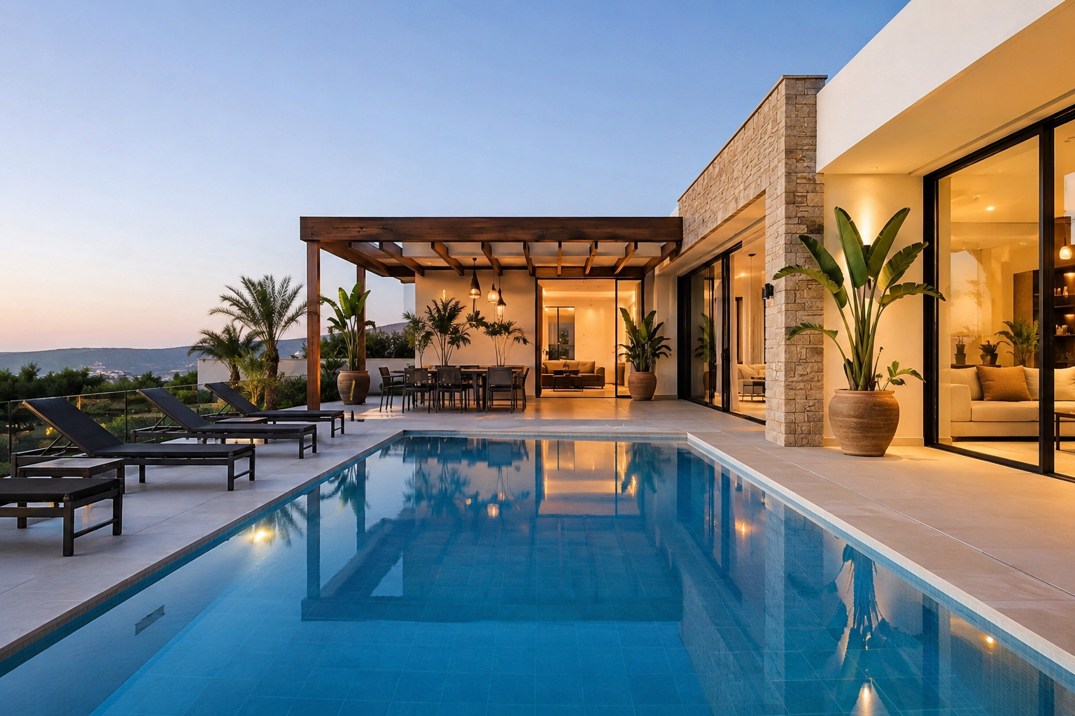 Piscina e terraço ao crepúsculo